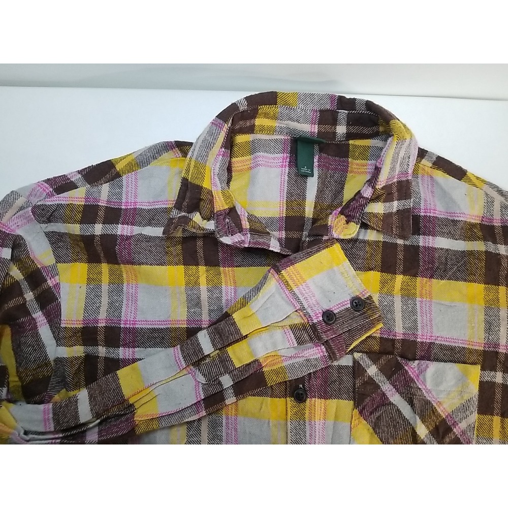 Wild Fable Womens Small Plaid Flannel Shirt Long Sleeve Brown Yellow Button Up
